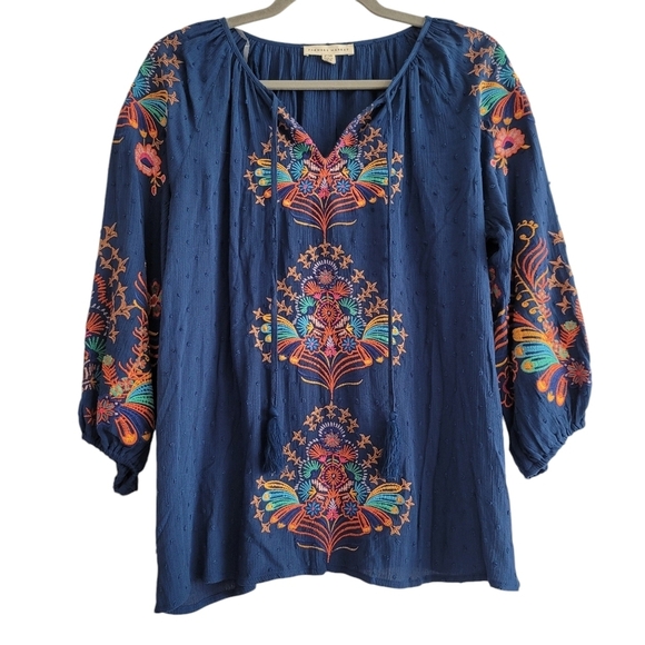 Farmers Market Tops - NEW Embroidered Floral V-Neck Balloon Sleeve Shirt Blue Swiss Dot Boho Hippie